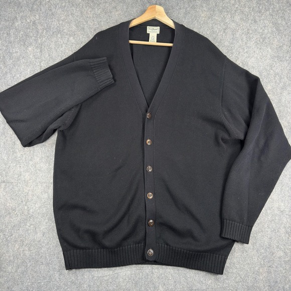 LL Bean Cardigan Sweater Mens XLT Black Cotton V Neck Button Front Knit Grandpa - Picture 2 of 15